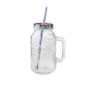 NEW The Pioneer Woman CASSIE CLEAR 32oz Glass Mason Jar Mug w/Lid & Straw